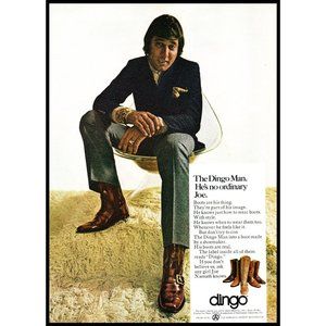 1970 Dingo Boots Joe Namath Vintage Print Ad Shag Rug Clear Eames Chair Wall Art